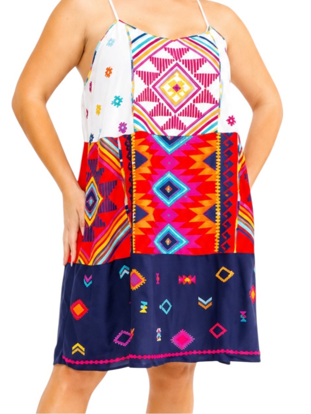 D131 - Aztec Embroidered Rayon Shoulder Strap Midi Dress Red White Blue Base